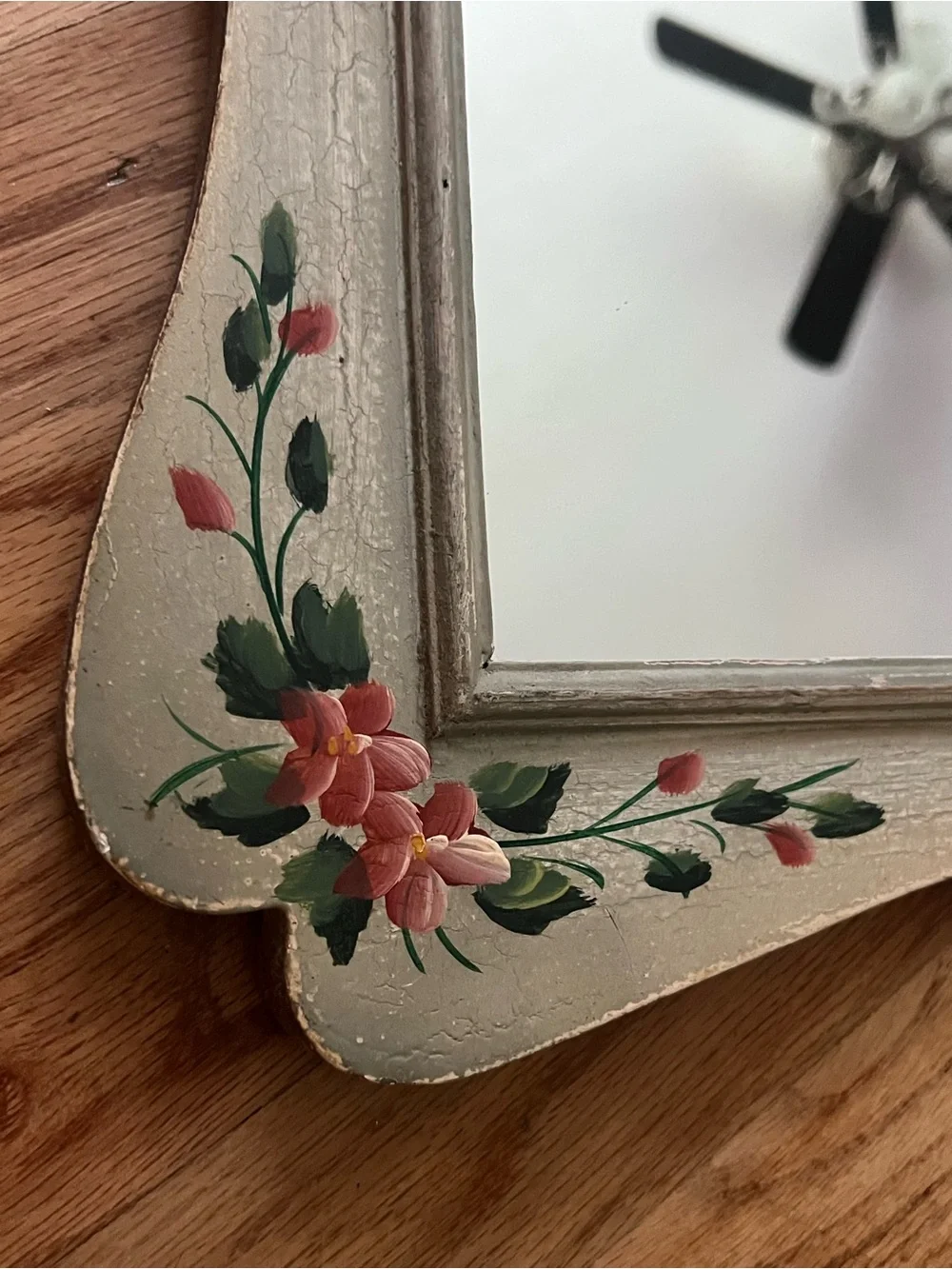 Vintage Hand-Painted Floral Square Wall Mirror - Cream with Pink & Green cottage